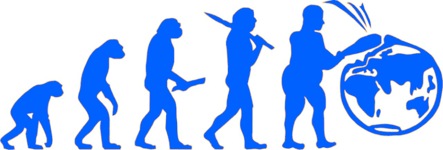 Illustration of evolution from ape to a depiction of mankind destroying the planet Earth.