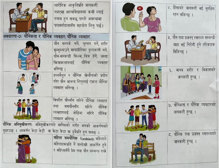 This image shows two colorful pages from an educational booklet in Nepali, focusing on sexuality, sexual behavior, and reproductive health.