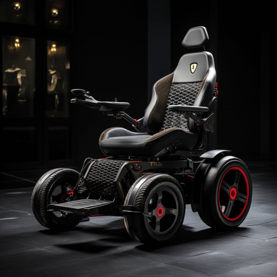 A conceptual Ferrari-inspired electric wheelchair with a striking gray carbon fiber aesthetic and iconic Ferrari red accents.