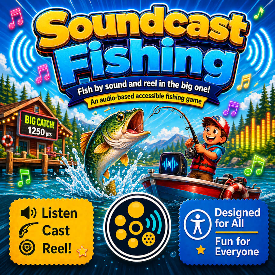 This image is a bright, playful poster for an audio-based fishing game called Soundcast Fishing.