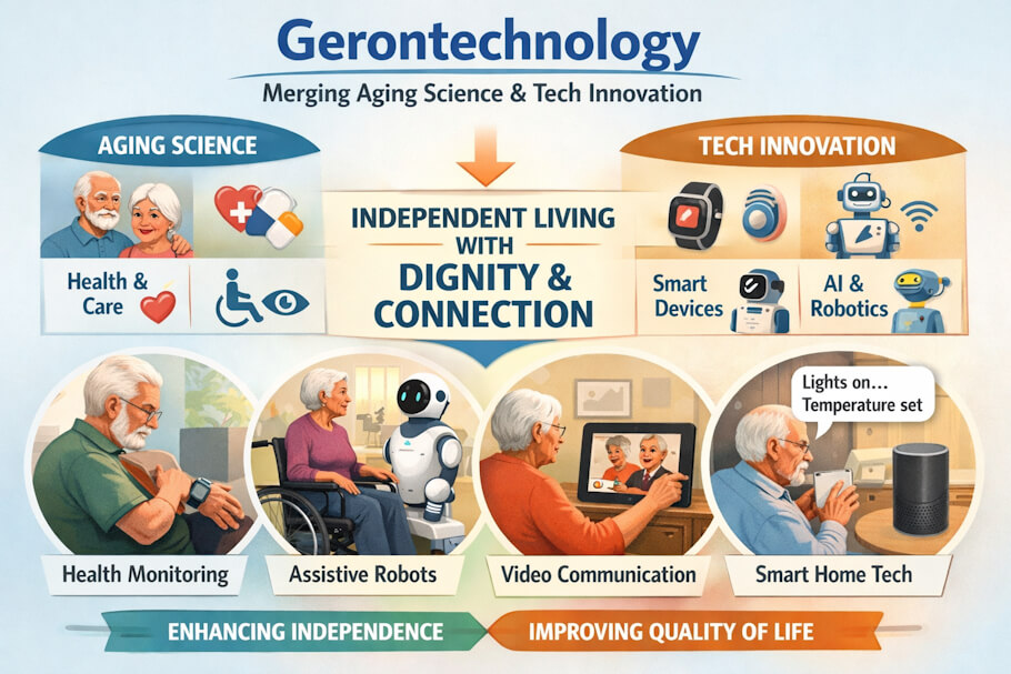 This image is a clear, friendly infographic titled Gerontechnology: Merging Aging Science & Tech Innovation, designed in soft blue and orange tones. At the top, two sections - Aging Science on the left and Tech Innovation on the right - visually flow toward a central message that reads Independent Living with Dignity & Connection.