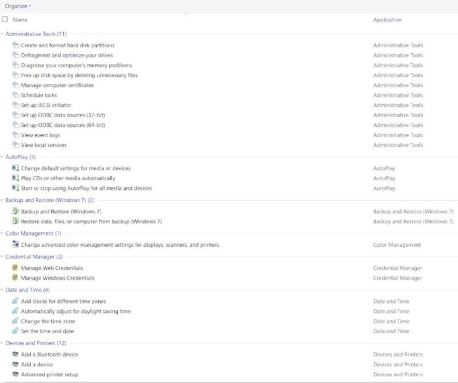 Screenshot showing just some of the Windows 10 and 11 God Mode options available.