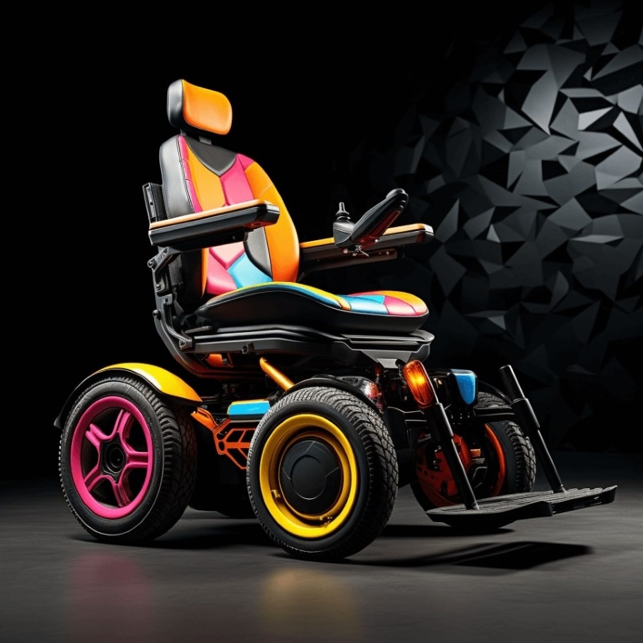 This wheelchair features a vibrant color scheme inspired by the colors used by Google, incorporating shades of blue, red, yellow, and green.