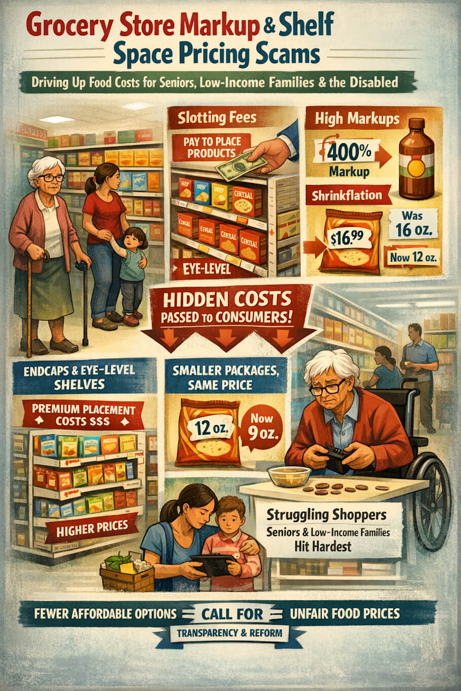 This image is a vintage-style infographic titled Grocery Store Markup and Shelf Space Pricing Scams shows how grocery store practices can raise food prices, especially affecting seniors, low-income families, and people with disabilities.