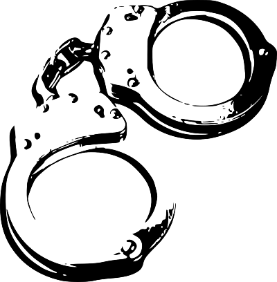 Black and white illustration of a set of handcuffs.