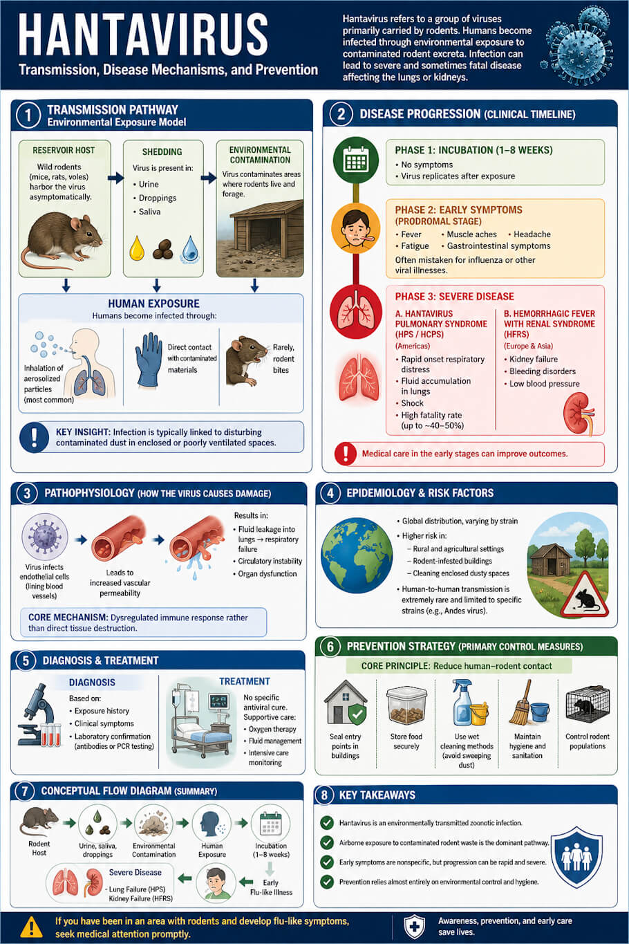 This image is a structured medical infographic about Hantavirus, laid out like a professional poster with multiple clearly labeled sections.