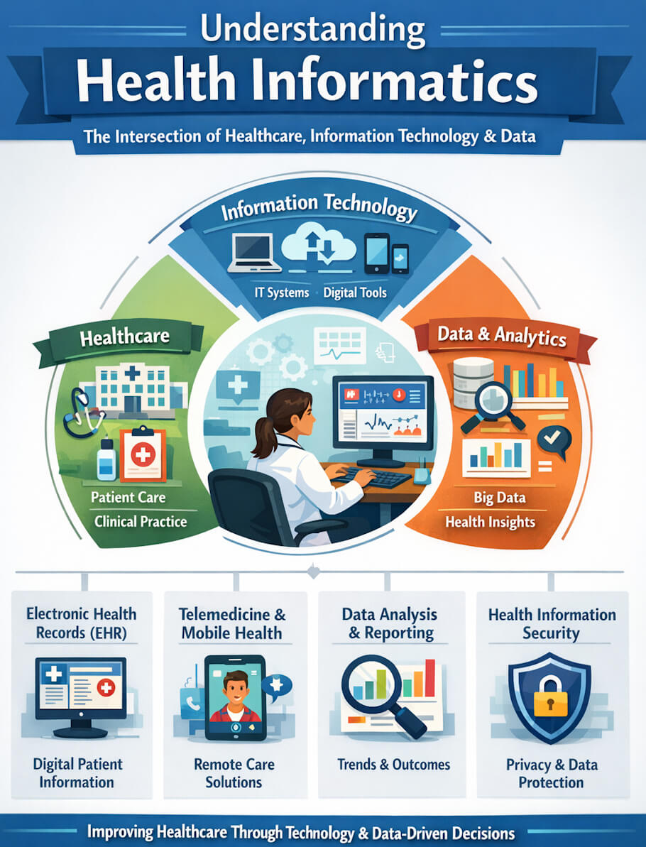 This illustration is a colorful infographic titled Understanding Health Informatics, designed to explain how healthcare, information technology, and data work together.