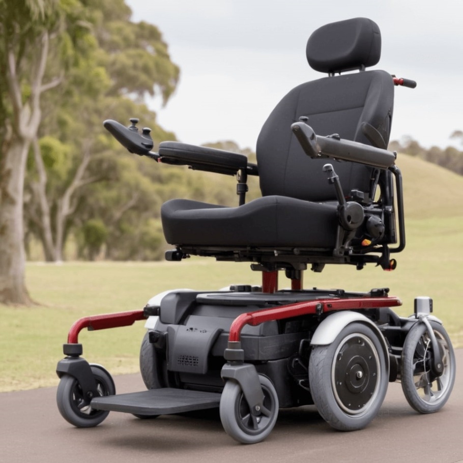 This visionary creation showcases a six wheeled, gray with red trim, Holden concept wheelchair on the open road.