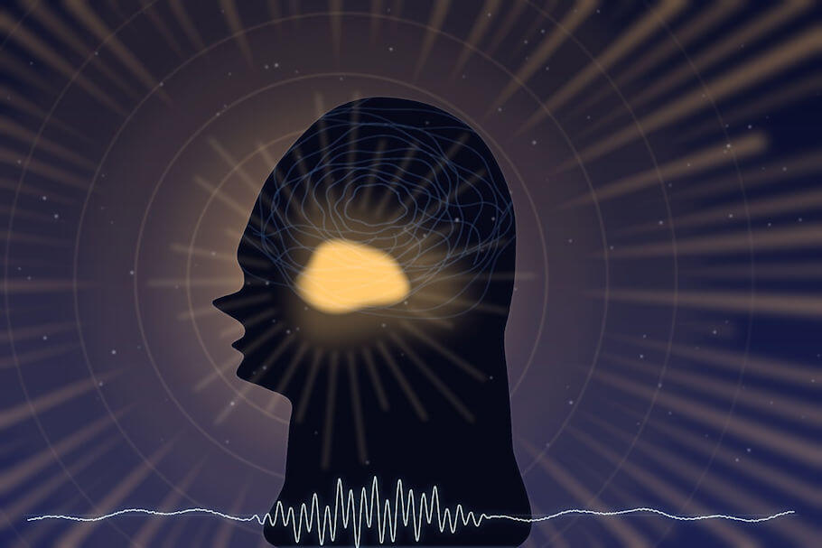 A dark editorial illustration set against a deep indigo background shows the silhouette of a human head in profile, facing left, rendered almost black so that only the outline of the forehead, nose, lips, chin, and neck are visible.
