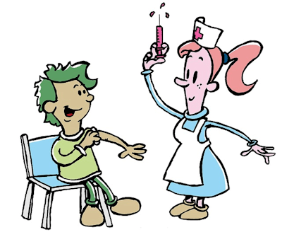 Clipart image of a nurse administering a vaccine shot to a young boy. 