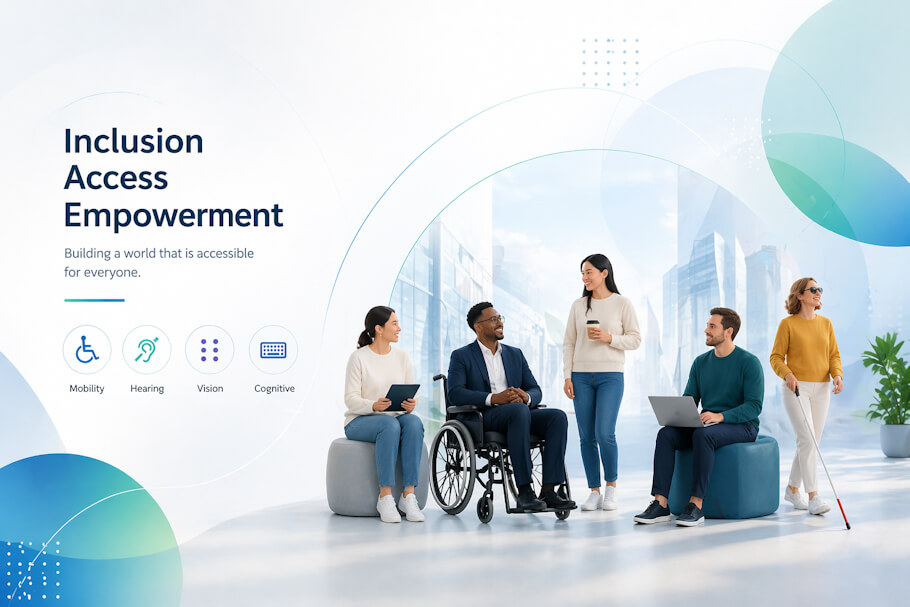 This image features modern graphics promoting inclusion and accessibility, featuring the large words Inclusion, Access, Empowerment on the left, along with the tagline Building a world that is accessible for everyone.