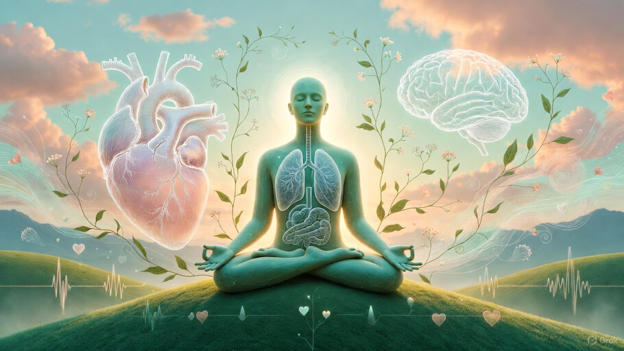 This illustration presents interoception in a calm, medical-educational style against a soft dawn sky of pale peach and mint green.