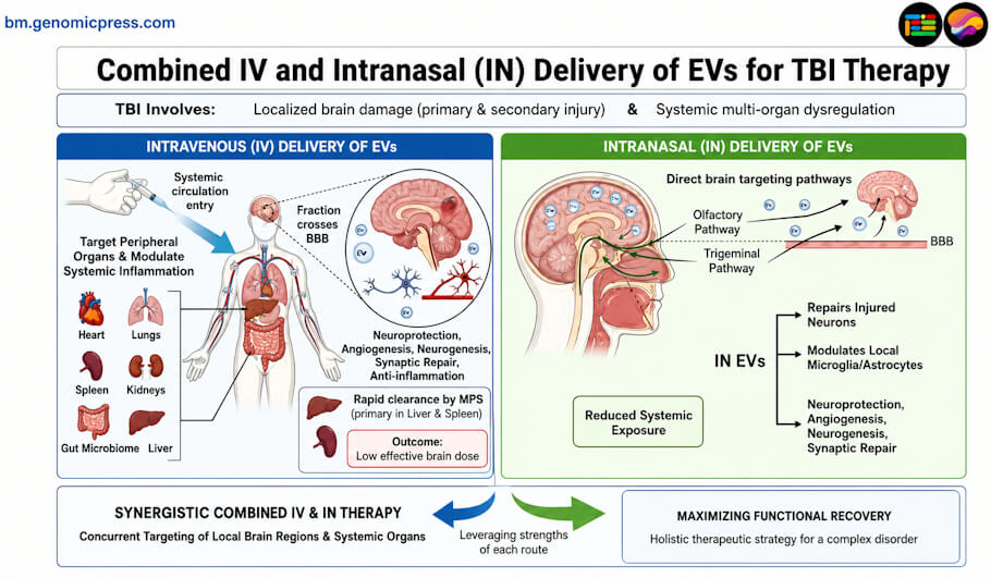 A combined Intravenous and intranasal delivery strategy represents a rational, synergistic approach for traumatic brain injury (TBI) treatment.
