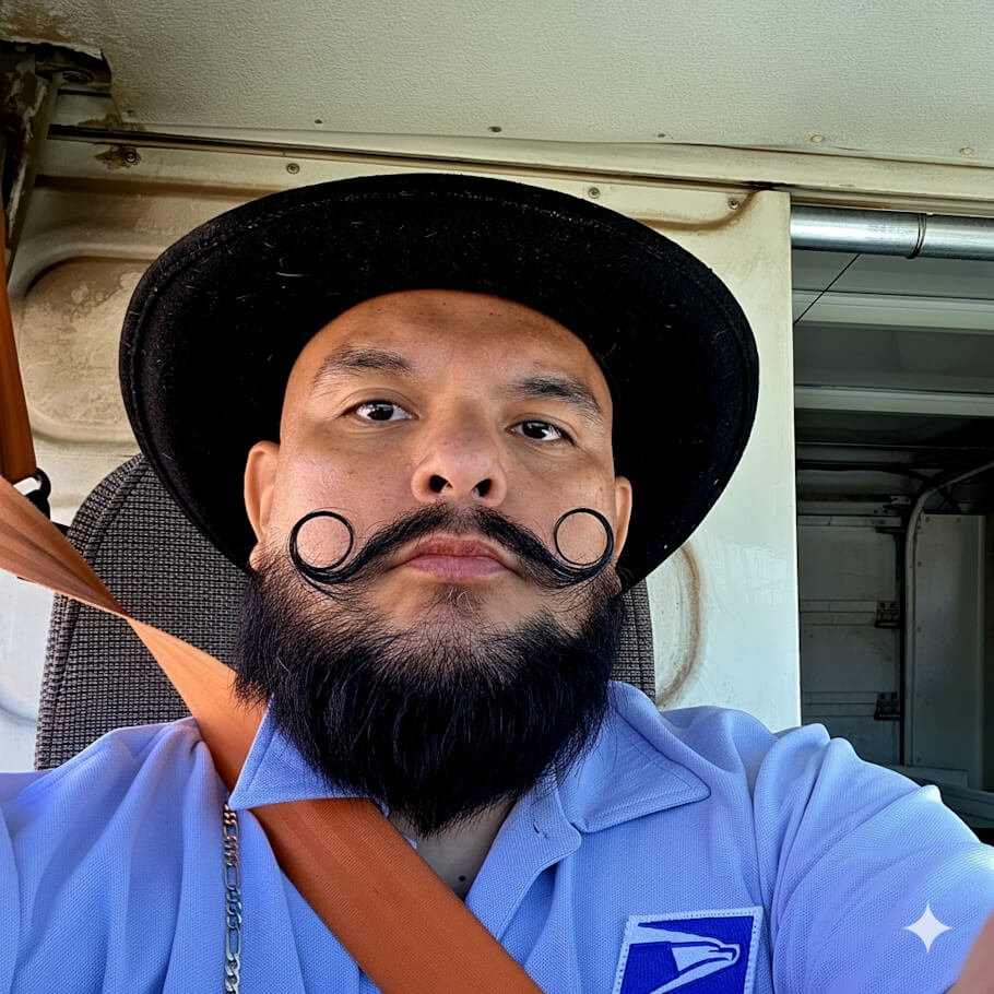Jacob Sida is sitting inside a delivery vehicle. He is wearing a wide-brimmed black hat and a light-colored collared shirt with a visible postal-style logo patch, and an orange seatbelt crosses his chest.