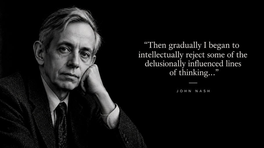 This black-and-white portrait shows mathematician John Nash in his later years, set against a solid black background. He sits on the left side of the frame, turned slightly toward the viewer, with his chin and cheek resting on his right hand in a thoughtful pose.