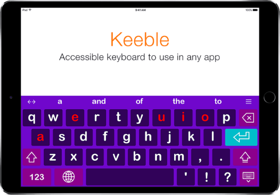 Image shows the Keeble Accessible Keyboard displayed on a Tablet Computer.