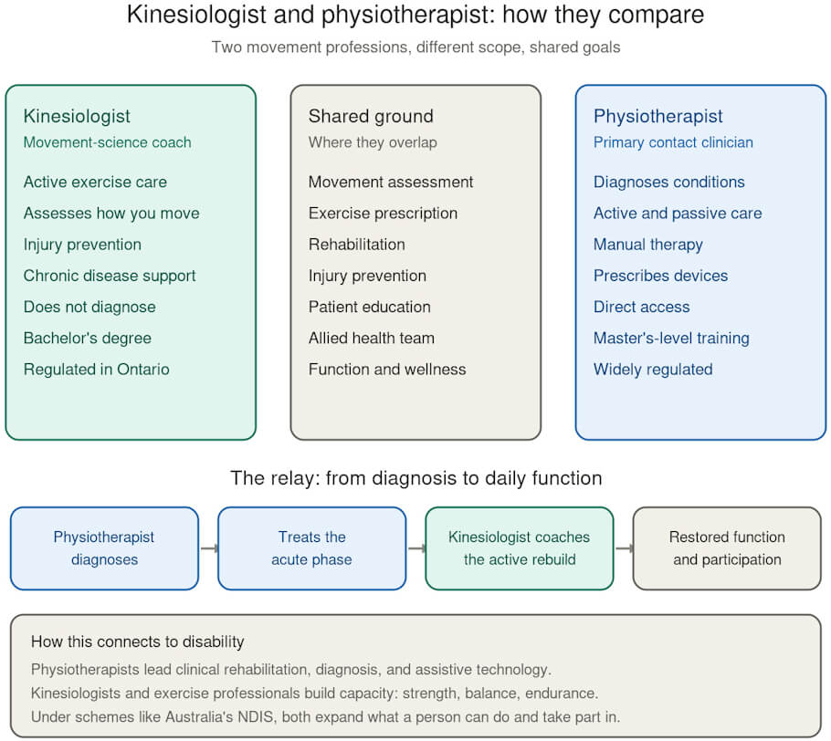 This is an educational infographic titled Kinesiologist and physiotherapist: how they compare, with a subtitle reading Two movement professions, different scope, shared goals.