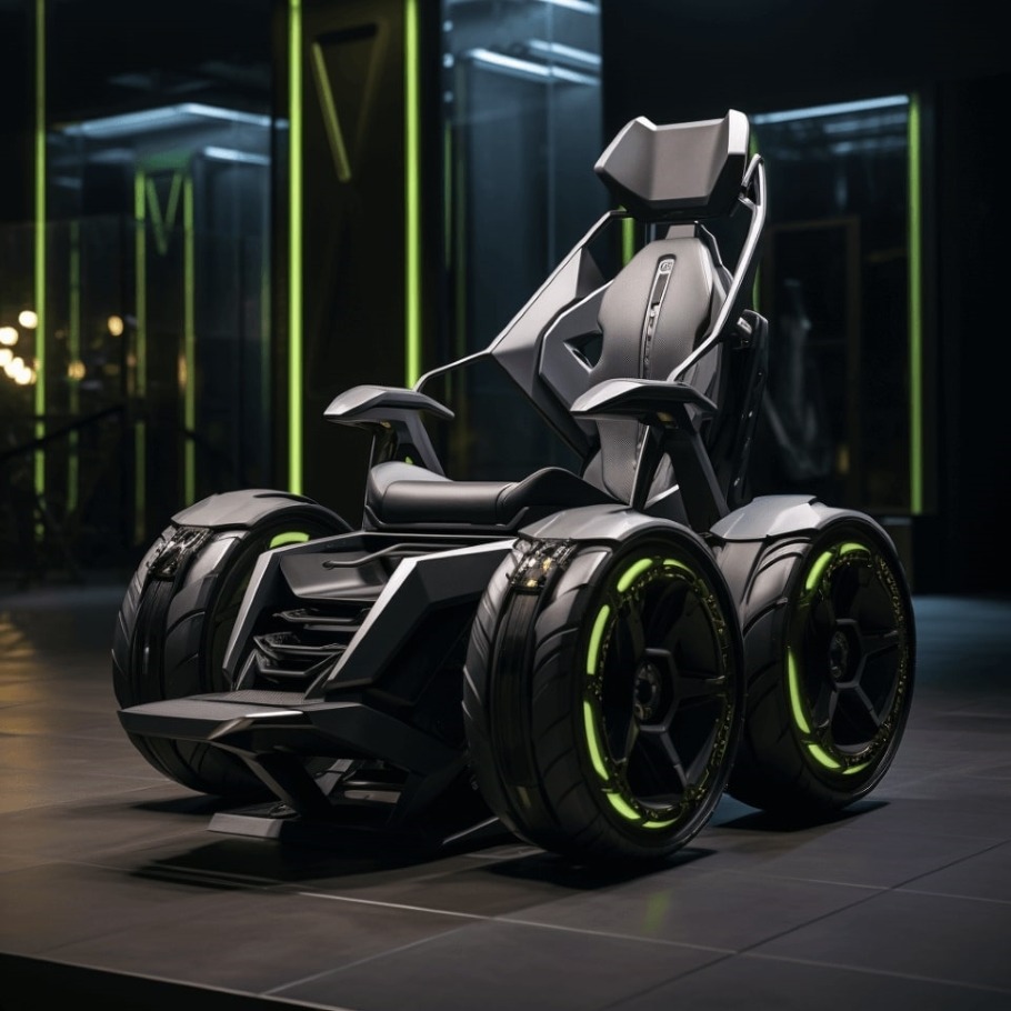 Designed in shades of gray and neon green trim this Lamborghini concept wheelchair could be crafted from lightweight yet durable materials.
