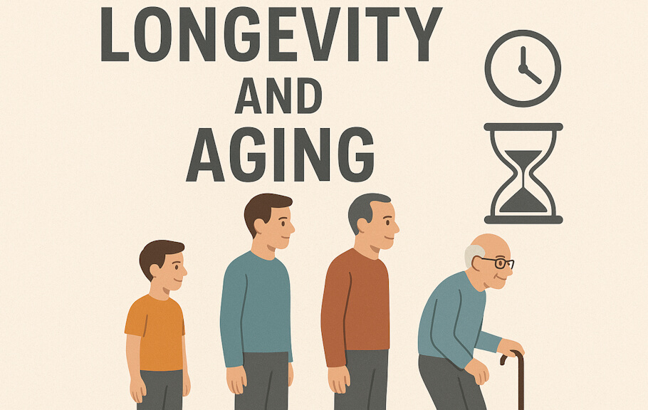 This image is a wide, landscape-style infographic titled Longevity and Aging.
