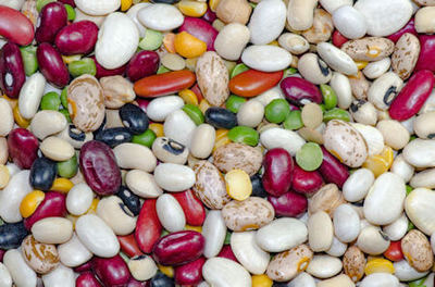 Beans, such as the assorted colors and types of dried beans pictured, are a well known high fiber food source that can cause gas and increased flatulence.