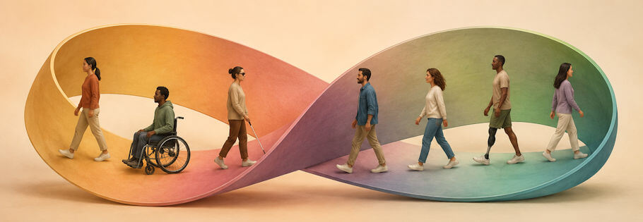 A large, gently curved Möbius strip forms a horizontal loop against a warm, softly lit beige background. The ribbon has a smooth gradient that shifts from golden yellow and coral on the left through purple and green to teal on the right. Several diverse human figures are distributed along the surface and appear to move continuously around the loop, including a standing woman, a person using a wheelchair, a woman walking with a white cane, a bearded man, a woman with curly hair, a person with a prosthetic leg, and another standing woman. The figures are integrated into the ribbon rather than separated from one another, emphasizing continuity, inclusion, and interdependence.