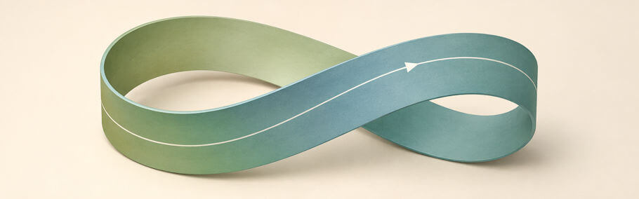 A single three-dimensional Möbius strip is centered against a plain, softly illuminated beige background. The broad ribbon forms a continuous loop with one half-twist, creating the characteristic crossing at the center. Its surface transitions subtly between muted green and blue-green tones, with shading and highlights that emphasize its curved, sculptural form. A thin white directional line follows the middle of the ribbon and includes an arrow indicating movement along the continuous surface. There are no people, text, or decorative elements, keeping the focus on the geometric structure and its single continuous path.