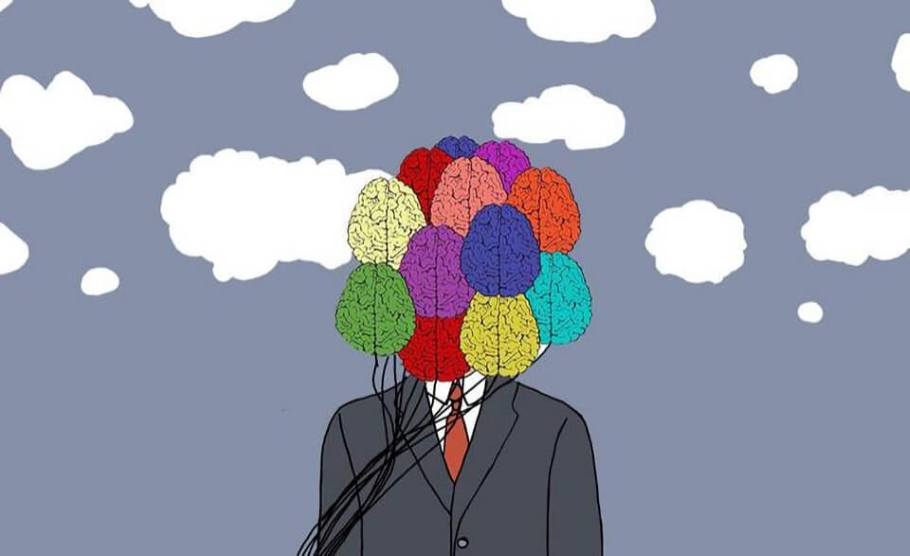 Illustration of a person in a suit with their face covered by multi-colored brains on strings like balloons - Image Credit: Dr Nora Raschle.