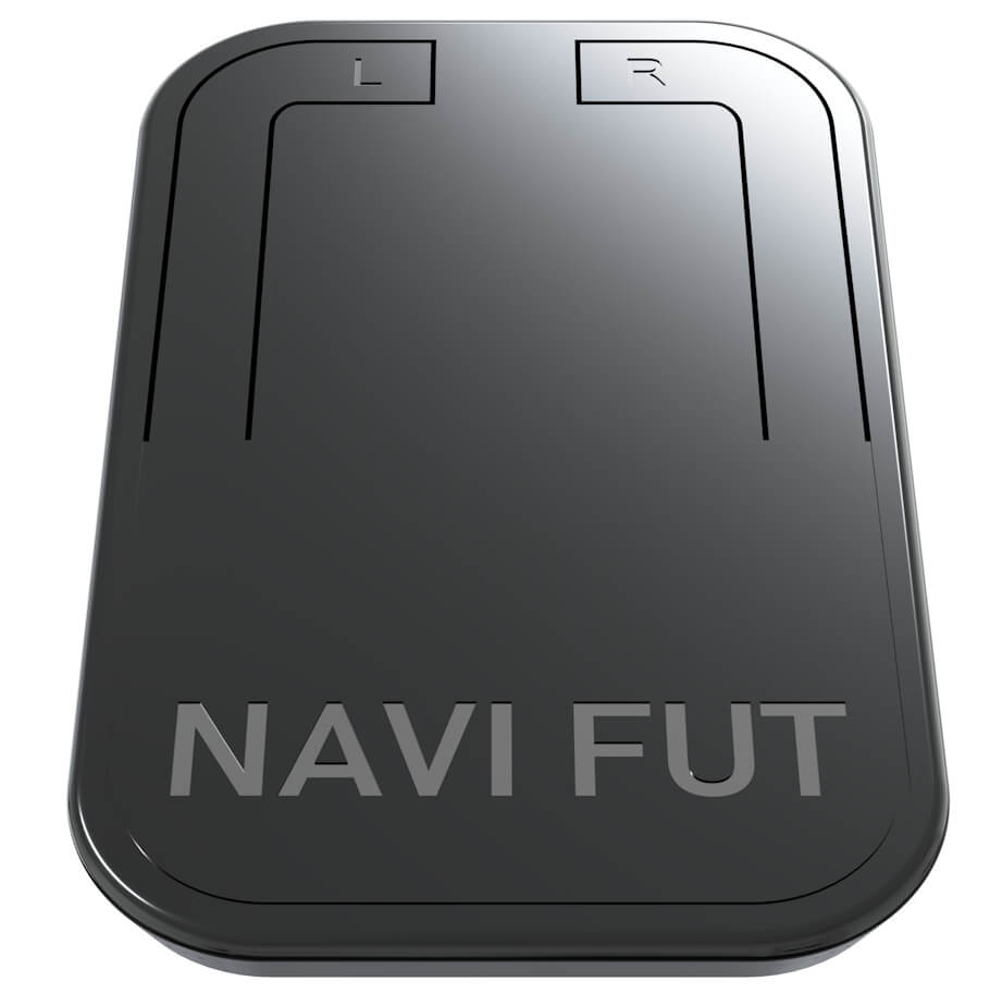 The image shows a sleek, rectangular assistive foot-operated mouse device viewed from above, with rounded corners and a smooth, slightly reflective dark surface.