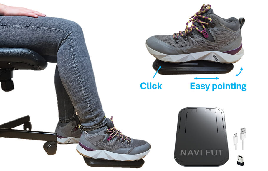The image shows a person seated on an office chair using an assistive foot-operated mouse device placed on the floor beneath their shoe.