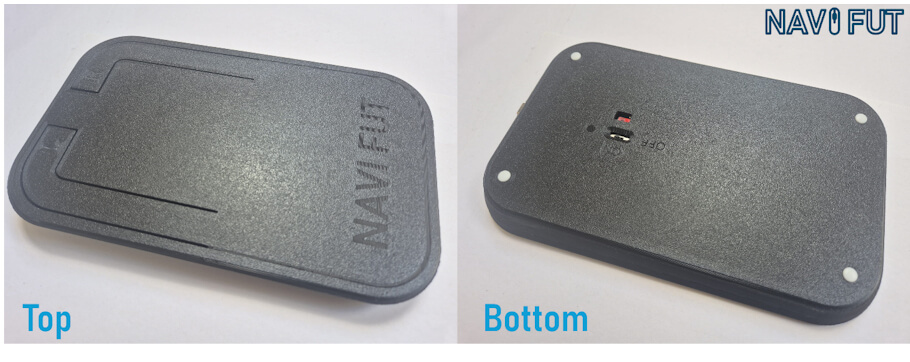 The image shows a rectangular, foot-operated computer mouse designed for assistive use, presented from both the top and bottom views.