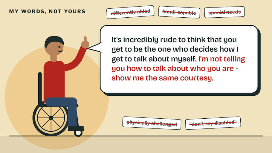 A large white speech bubble with a thick black outline extends from the person toward the right side of the image and contains the message, in bold dark lettering with the second sentence in red: It's incredibly rude to think that you get to be the one who decides how I get to talk about myself. I'm not telling you how to talk about who you are - show me the same courtesy.