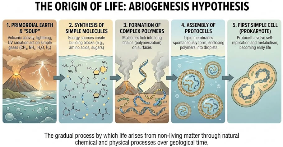 This illustration, titled The Origin of Life: Abiogenesis Hypothesis, illustrates the five-stage scientific theory of how life arose from non-living matter.