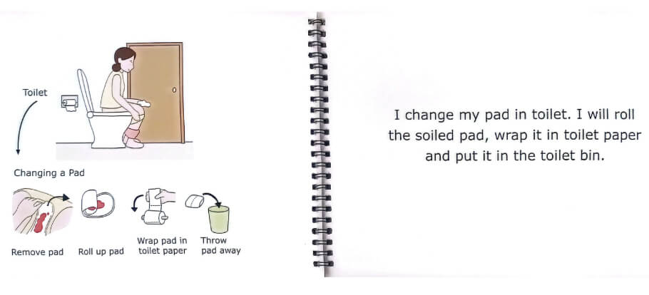 This image is a page from an educational booklet teaching how to change a menstrual pad, using simple text and illustrations.