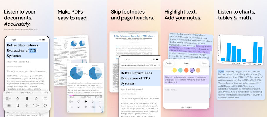 This promotional image for the Paper2Audio app is a wide banner made of five side-by-side panels set against soft pastel gradient backgrounds in shades of peach, pink, lavender and light blue, each topped with a short bold heading in black text.