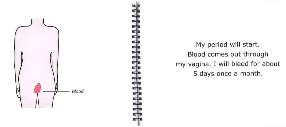 This image is a two-page spread from a book explaining menstruation.