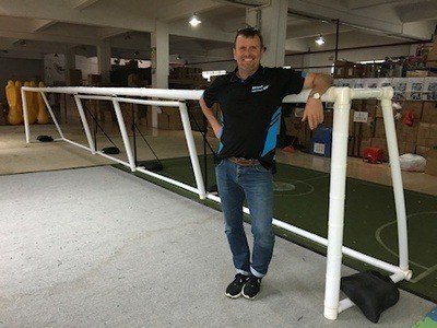 Packaworld CEO Peter Roberts with the new portable goalball Packagoal.