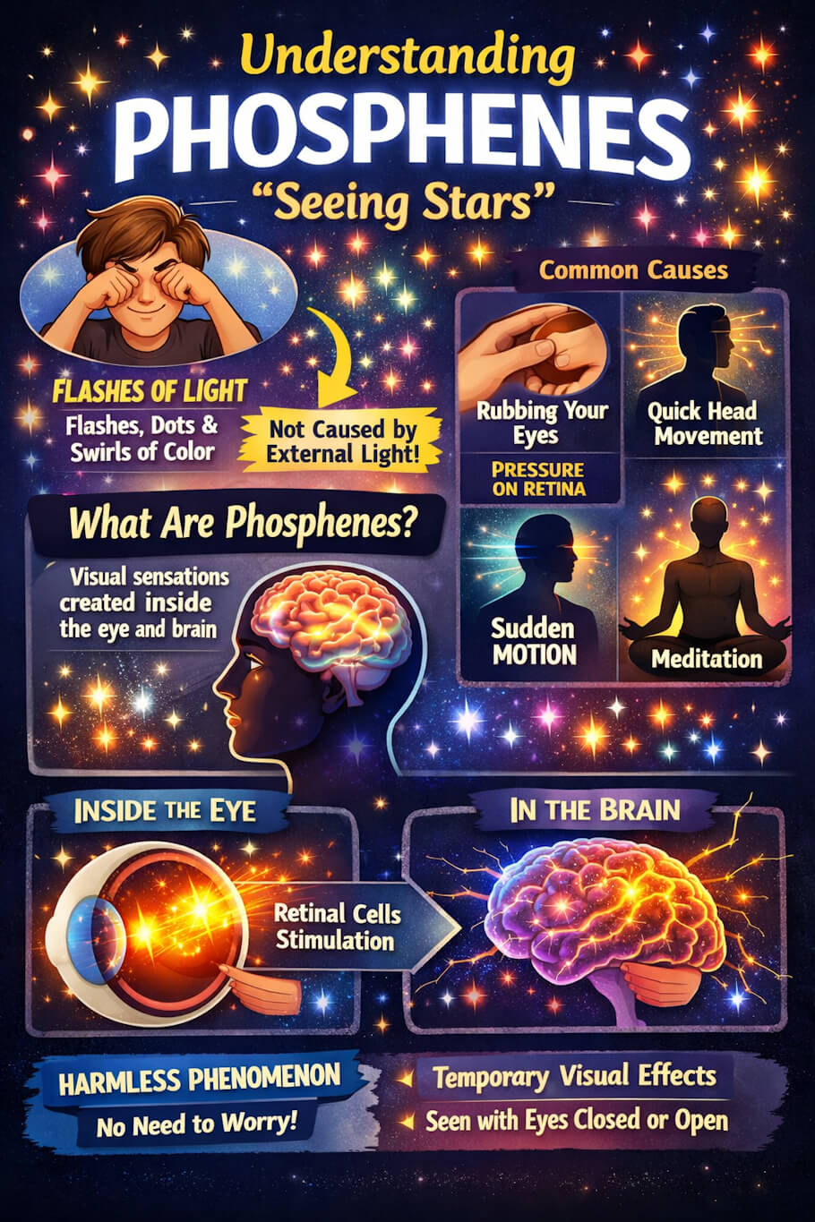 This image is a colorful, infographic-style illustration set against a dark blue, star-filled background, designed to explain phosphenes - often described as seeing stars.