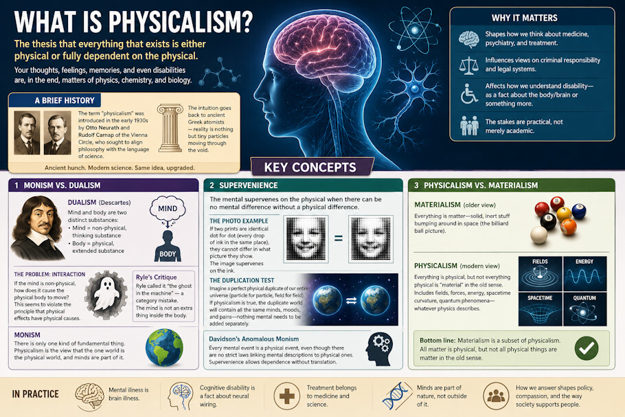This image is a wide educational infographic about physicalism, organized into colorful panels on a dark blue background. At the center is a glowing side profile of a human head with a brightly illuminated brain, symbolizing the connection between the mind and the physical brain. Across the top, a large title asks What Is Physicalism? followed by a brief explanation that everything, including thoughts and feelings, is physical or dependent on the physical.
