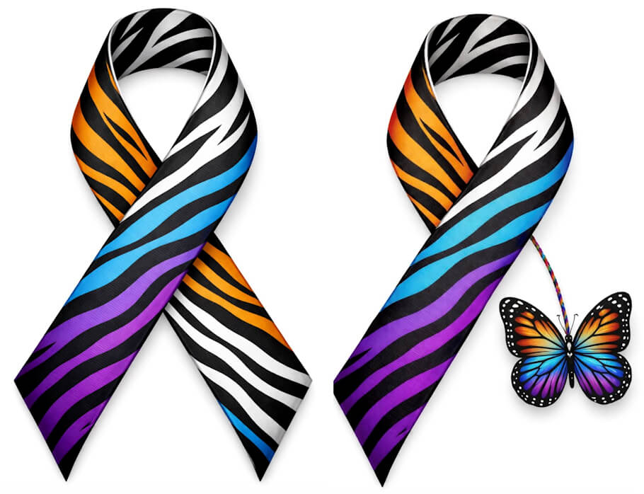 This image shows two stylized Pilarowski-Bjornsson syndrome (PILBOS) awareness ribbons featuring a bold, high-contrast zebra-stripe pattern in black and white, overlaid with vibrant gradient colors including orange, blue, and purple, creating a visually striking design.