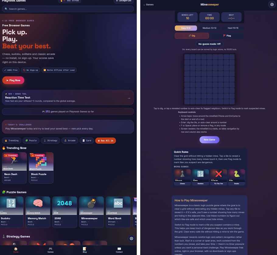 This image shows two side-by-side phone screenshots of a dark-themed website called Playnook Games, which offers free browser games.
