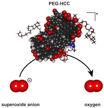 A polyethylene glycol-hydrophilic carbon cluster developed at Rice University has the potential to quench the overexpression of damaging superoxides through the catalytic turnover of reactive oxygen species that can harm biological functions. (Errol Samuel/Rice University)