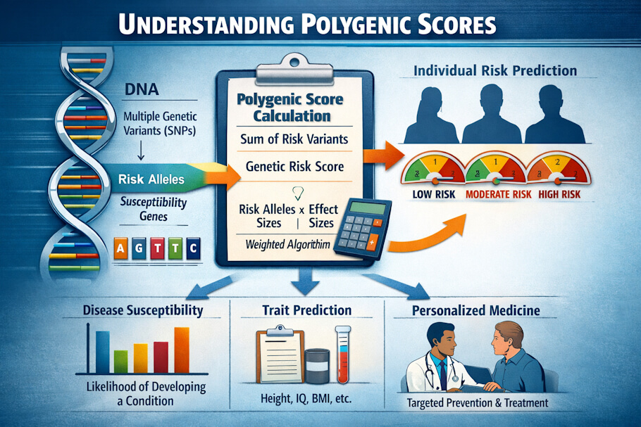 The image is an infographic-style illustration titled Understanding Polygenic Scores set against a blue background.