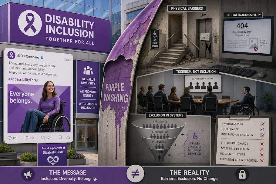 This image is a split-scene editorial illustration contrasting appearance versus reality in disability inclusion.