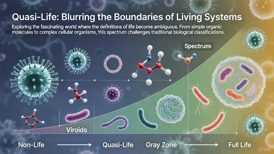 This image is a scientific infographic titled Quasi-Life: Blurring the Boundaries of Living Systems in bold white text at the top, accompanied by a brief subtitle explaining the ambiguous spectrum from simple molecules to cellular life.