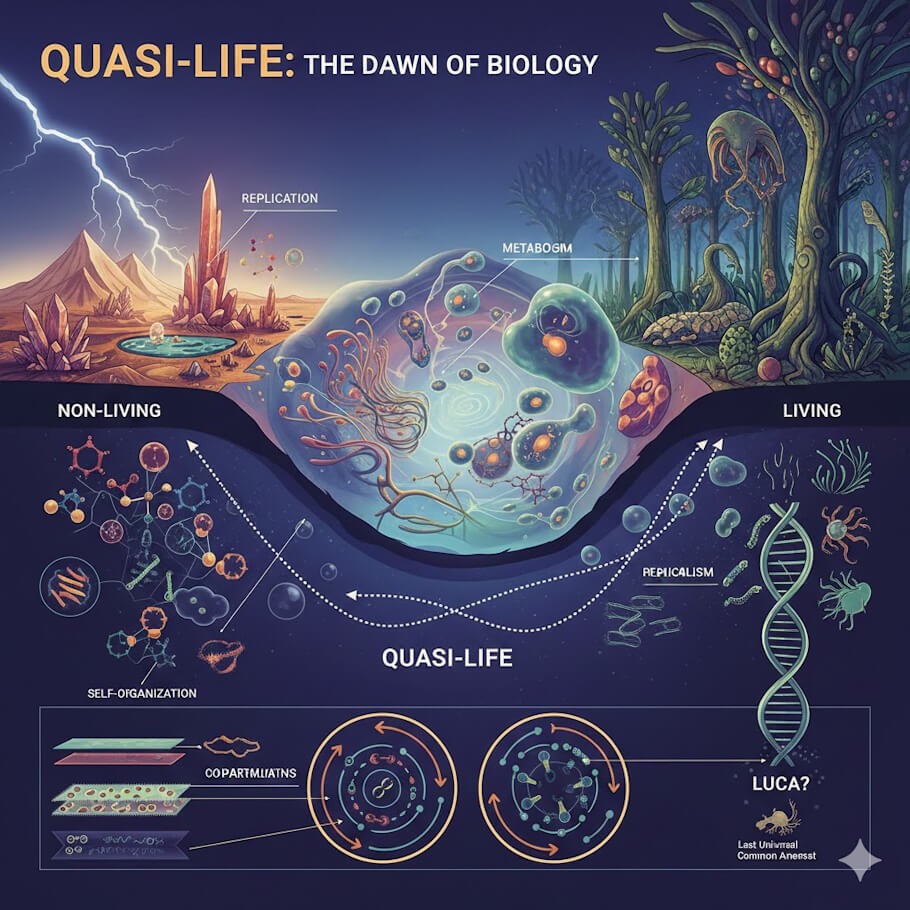 This illustration, titled QUASI-LIFE: The Dawn of Biology, depicts the conceptual transition from Non-Living matter to Living organisms.