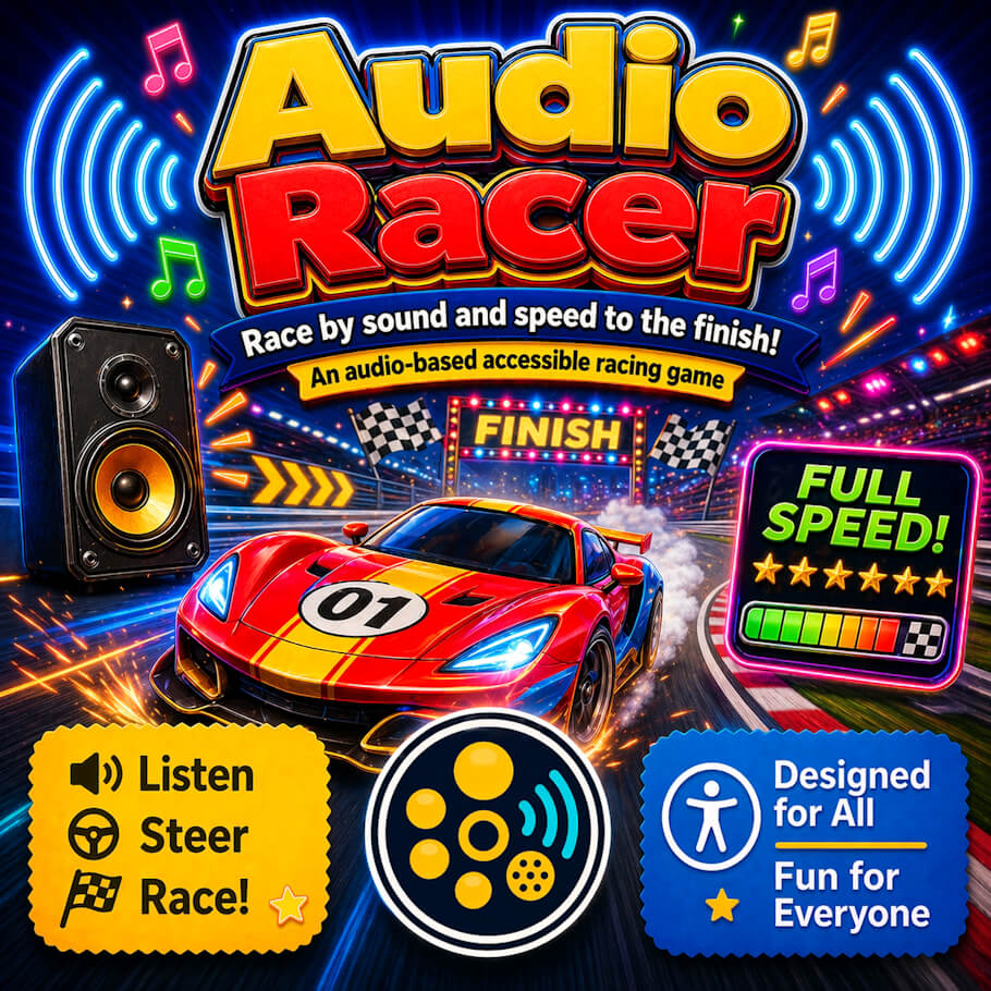 This image is a vibrant promotional poster for an audio-based racing game called Audio Racer.