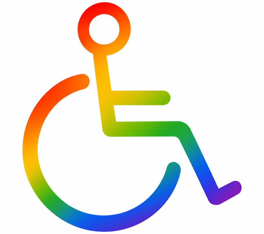 This image shows a stylized rainbow wheelchair accessibility symbol formed from a continuous, smooth line filled with a rainbow gradient that transitions through red, orange, yellow, green, blue, and purple.
