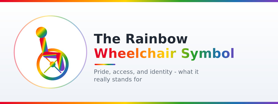 This is just one example of a rainbow wheelchair icon. It features a horizontal banner on a soft white-to-grey background, edged top and bottom with thin rainbow stripes. On the left sits a circular emblem: a rainbow-colored version of the international wheelchair access symbol, showing a stylized person seated in a wheelchair, rendered in a gradient that runs through red, orange, yellow, green, blue, and purple, enclosed by a faint rainbow ring.