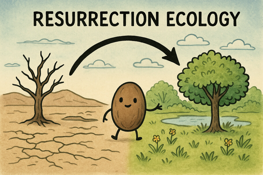 This illustration is a friendly, hand-drawn educational cartoon titled Resurrection Ecology.