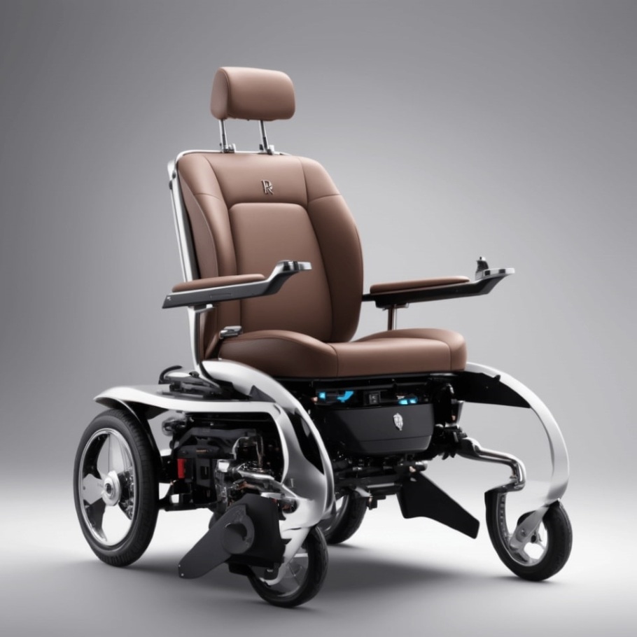 A depiction of a four wheel brown, silver, and grey electric wheelchair.